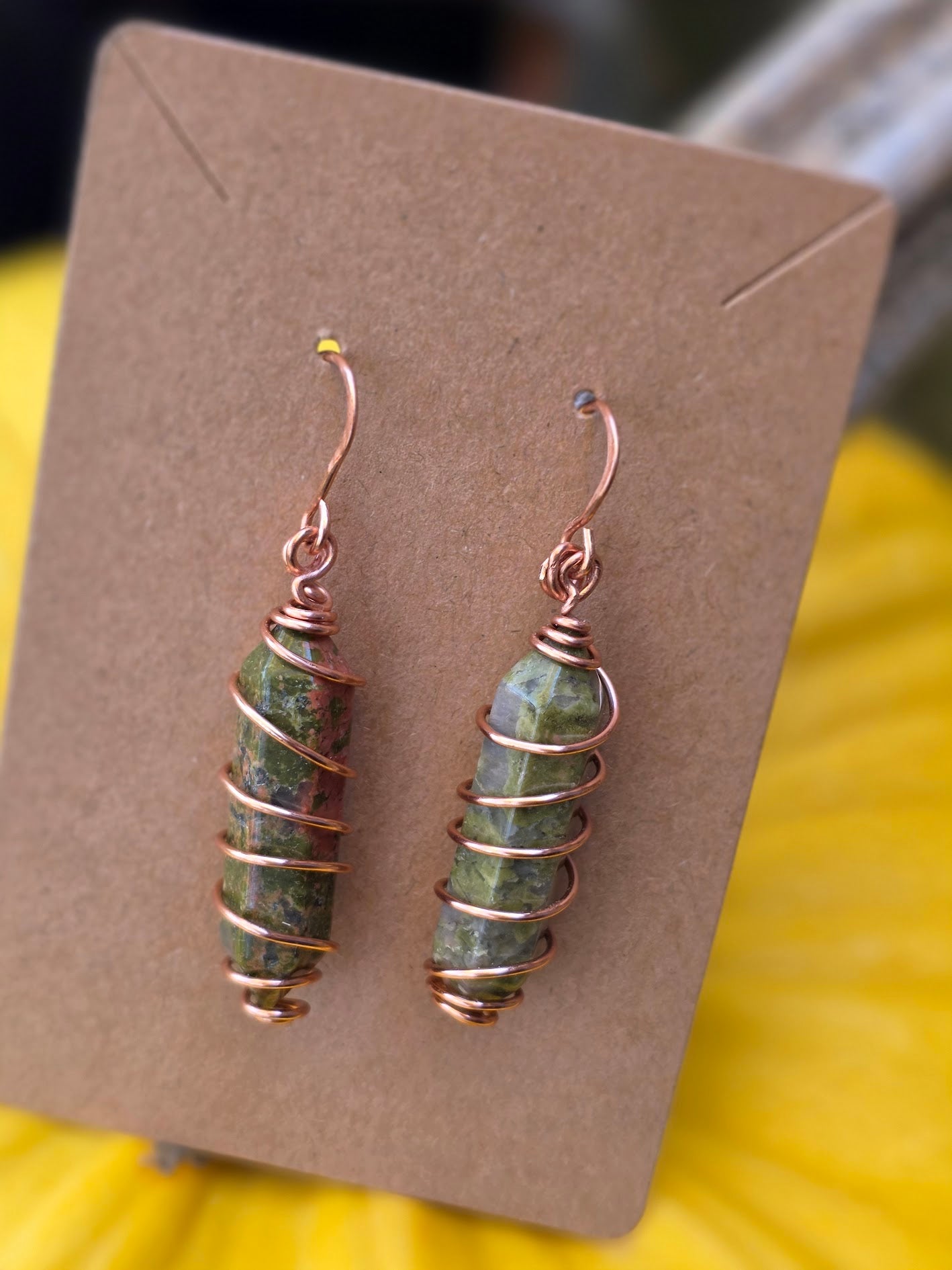 Hand Made Unakite Wire Wrapped Double Point Earrings