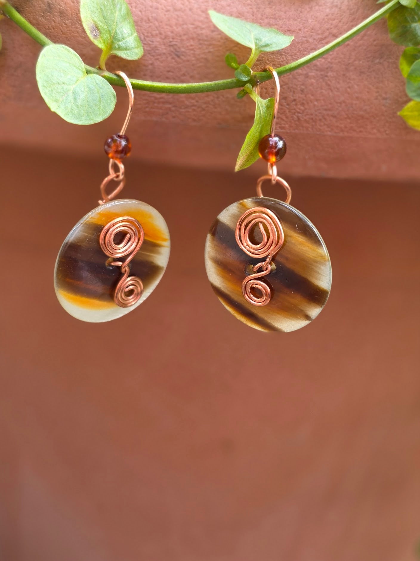 Vintage Button Earrings With Dark Amber