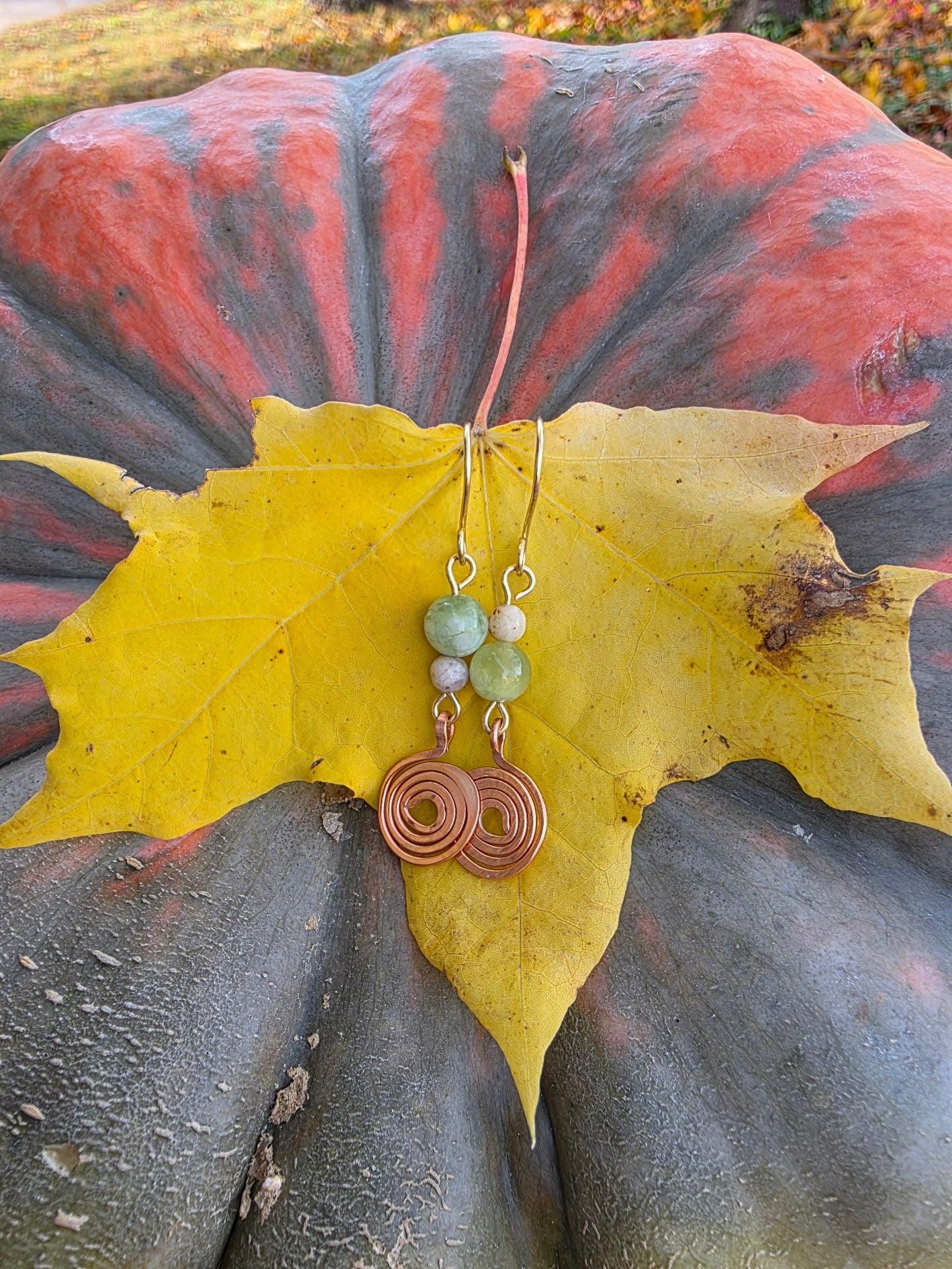 Asymmetrical  Mixed Metal Grape Agate and Coral Earrings with Copper Swirl