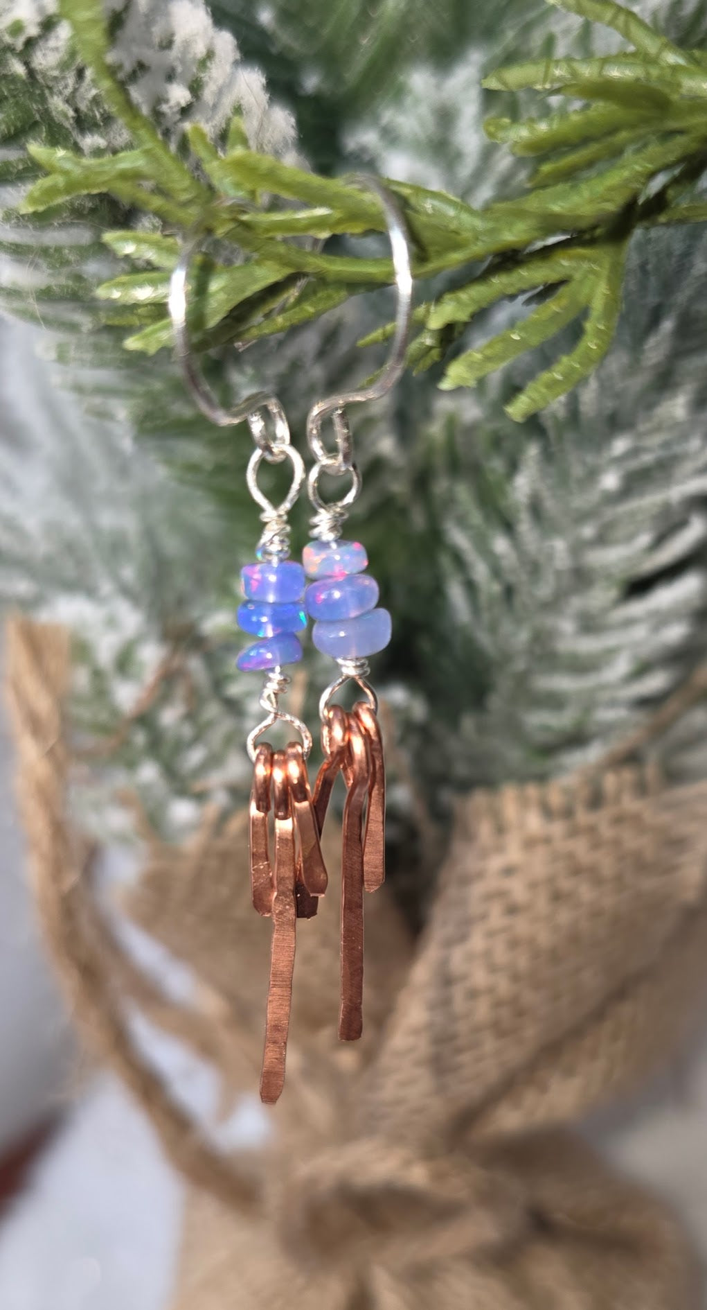 Delicate Blue Opal With Copper Dangle Earrings On Sterling Silver Hooks