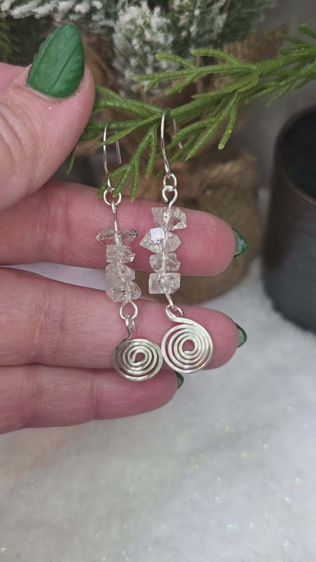 Handmade Herkimer Diamond and Sterling Silver Hammered Swirl Earrings Simple, Elegant