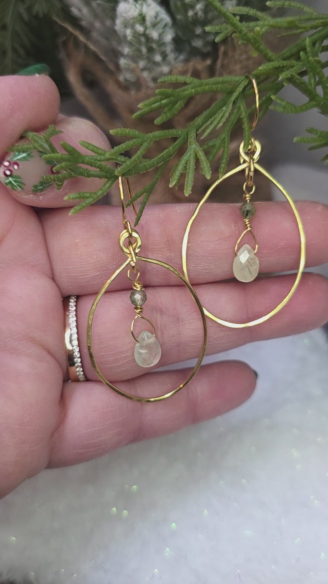 Prehnite and Brass Drop and Dangle Oval Hoop Earrings