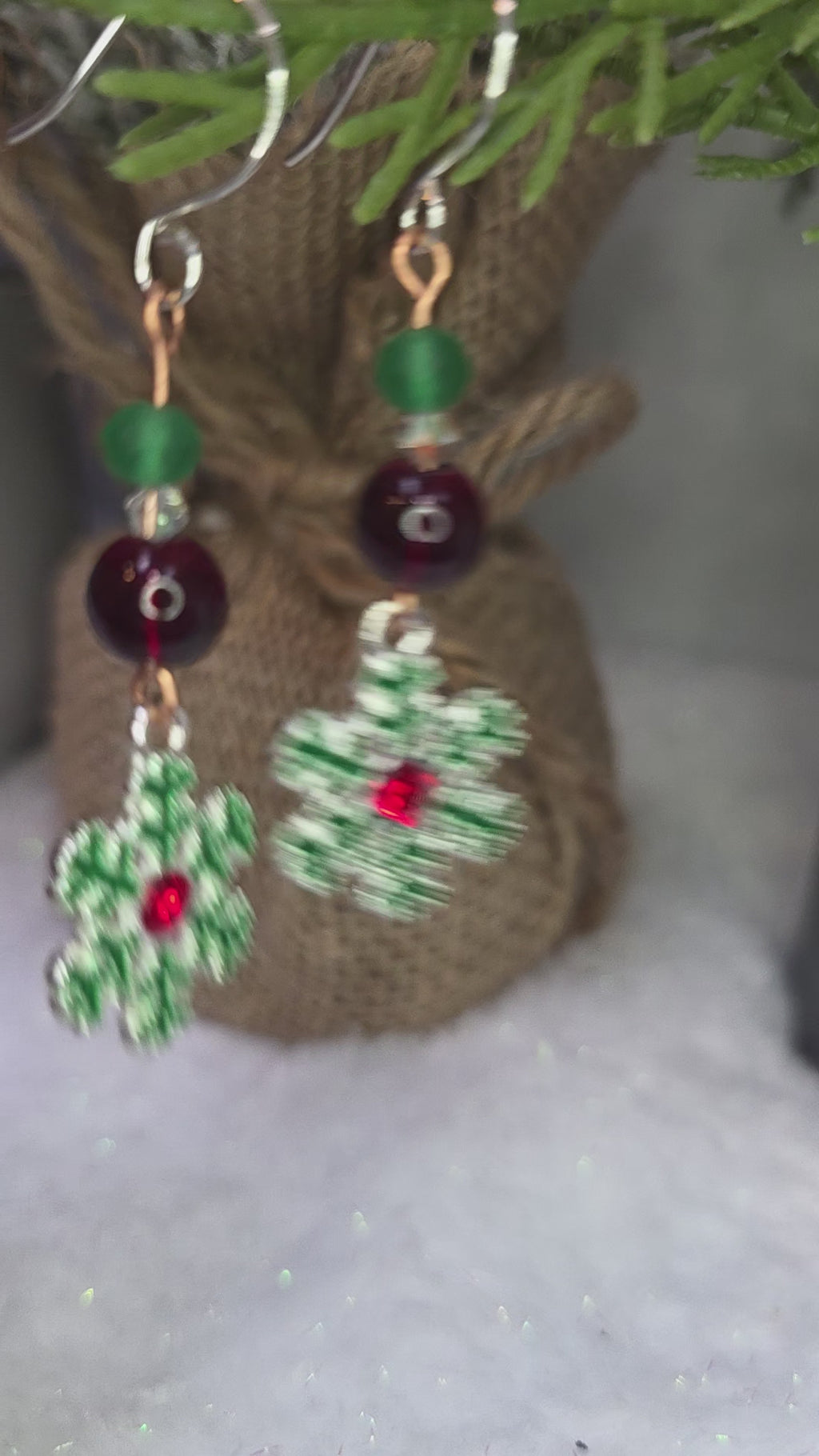 Sterling Silver Snowflake Christmas Earrings, Red and Green Glass Beads