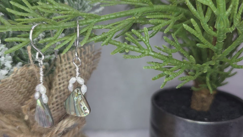 Sterling Silver Wire, Abalone Shell, and Seed Pearl Earrings