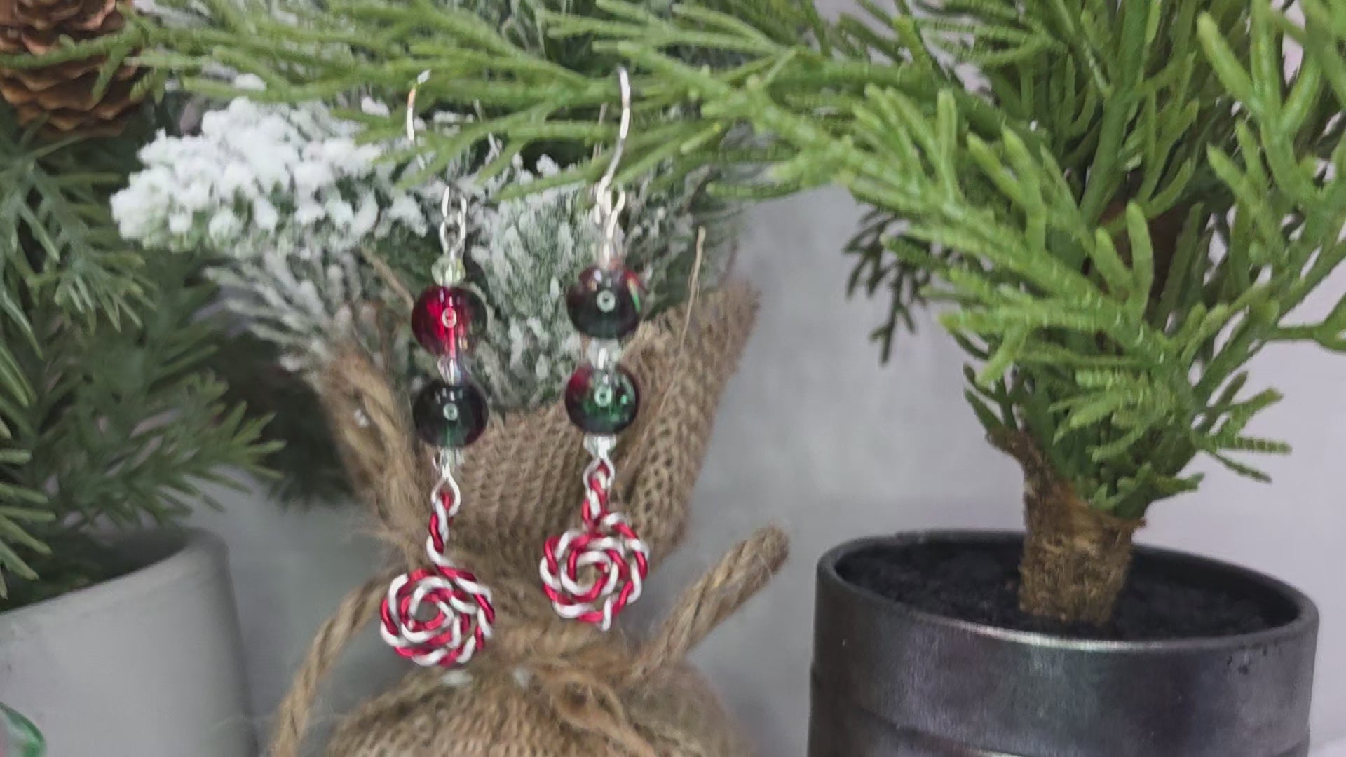 Red and Green Glass Bead Christmas Earrings With Peppermint Candy Cane Swirl Sterling Silver Hooks