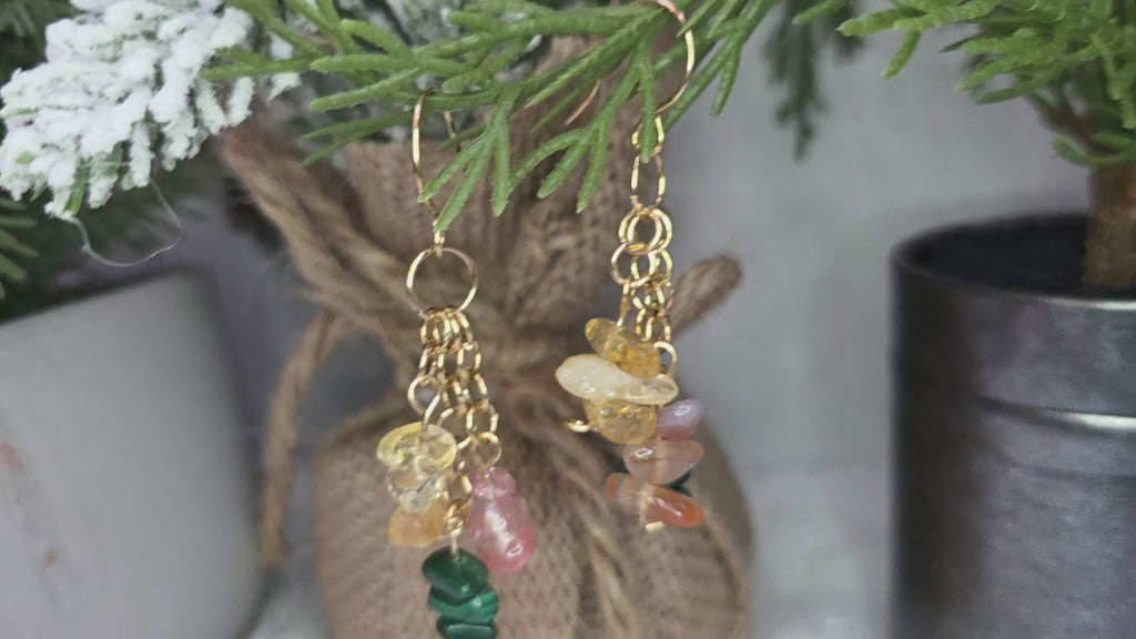 Handmade Brass Earrings with Citrine, Malachite and Watermelon Quartz Chips