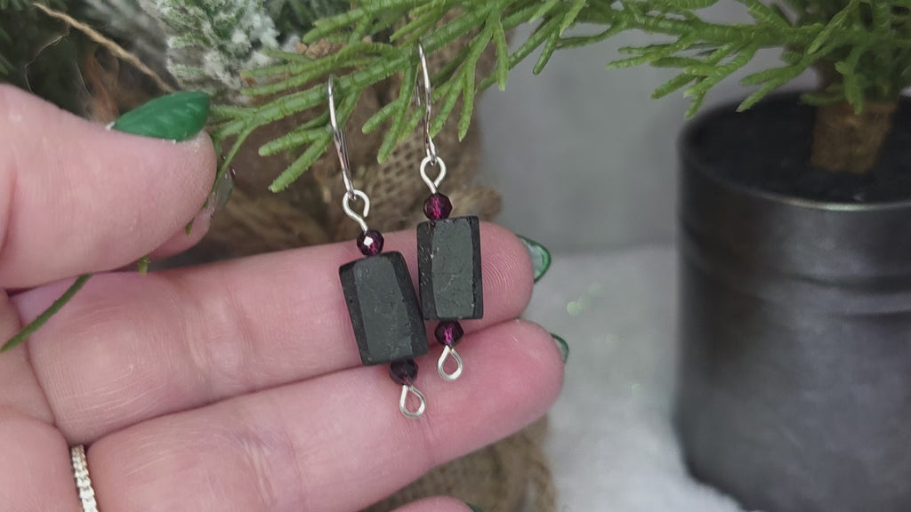 Sterling Silver Earrings with Rough Black Tourmaline and Garnet