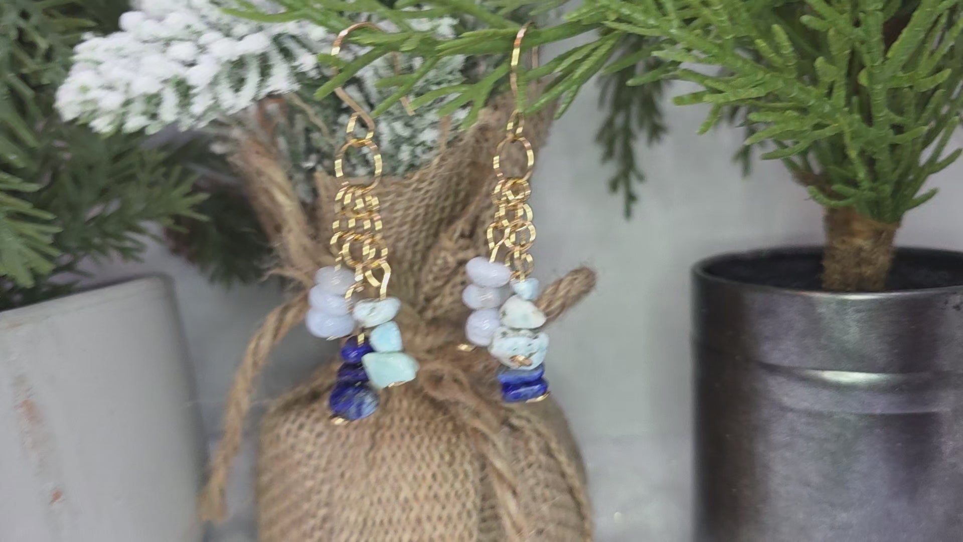 Lapis Lazuli, Larimar and Blue Lace Agate Dangle Earrings on Brass Hooks