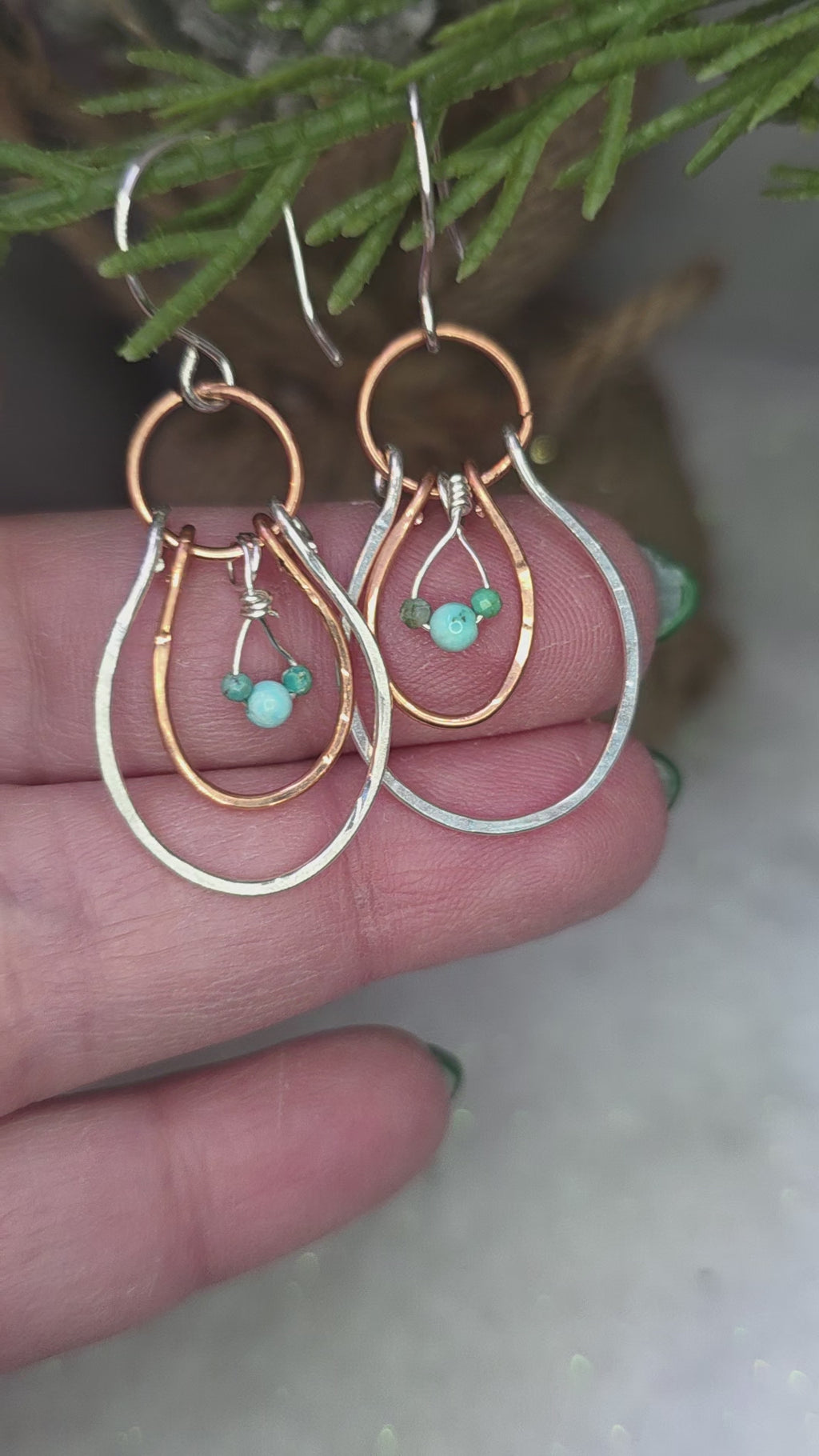 Mixed Metal Silver and Copper Mickey Mouse Inspired Hoop Earrings with Turquoise stones. MTO