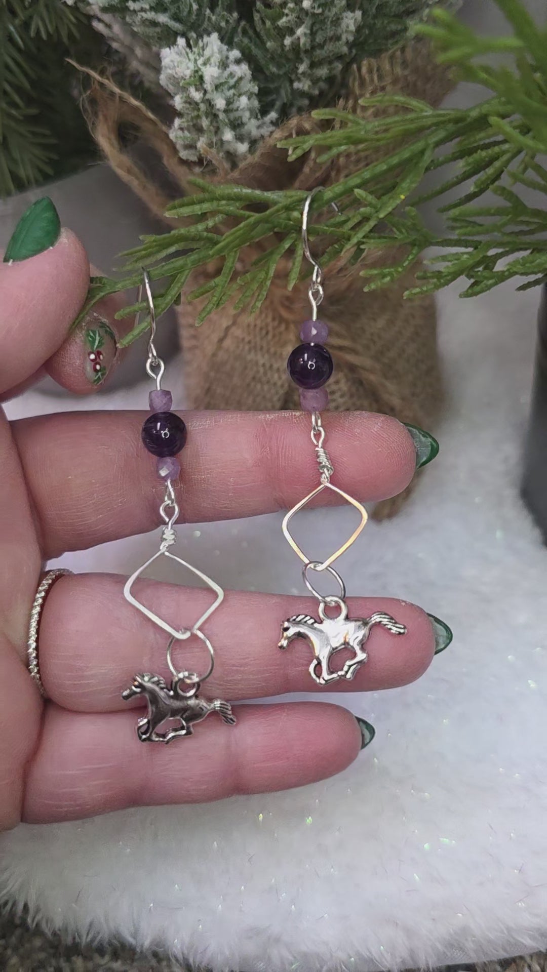 Sterling Silver Horse Charm with Amethyst Beads Hammered Design Earrings