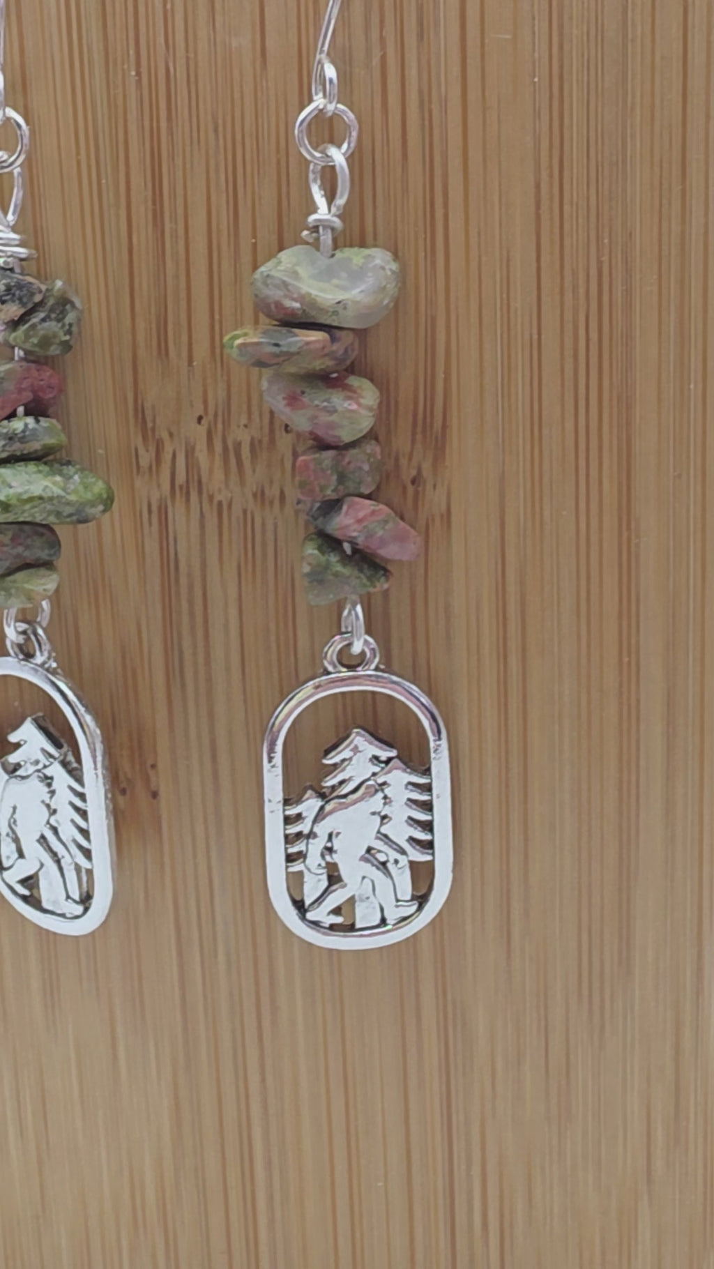 Cryptid Sasquatch Bigfoot Sterling Silver Unakite Chip Earrings