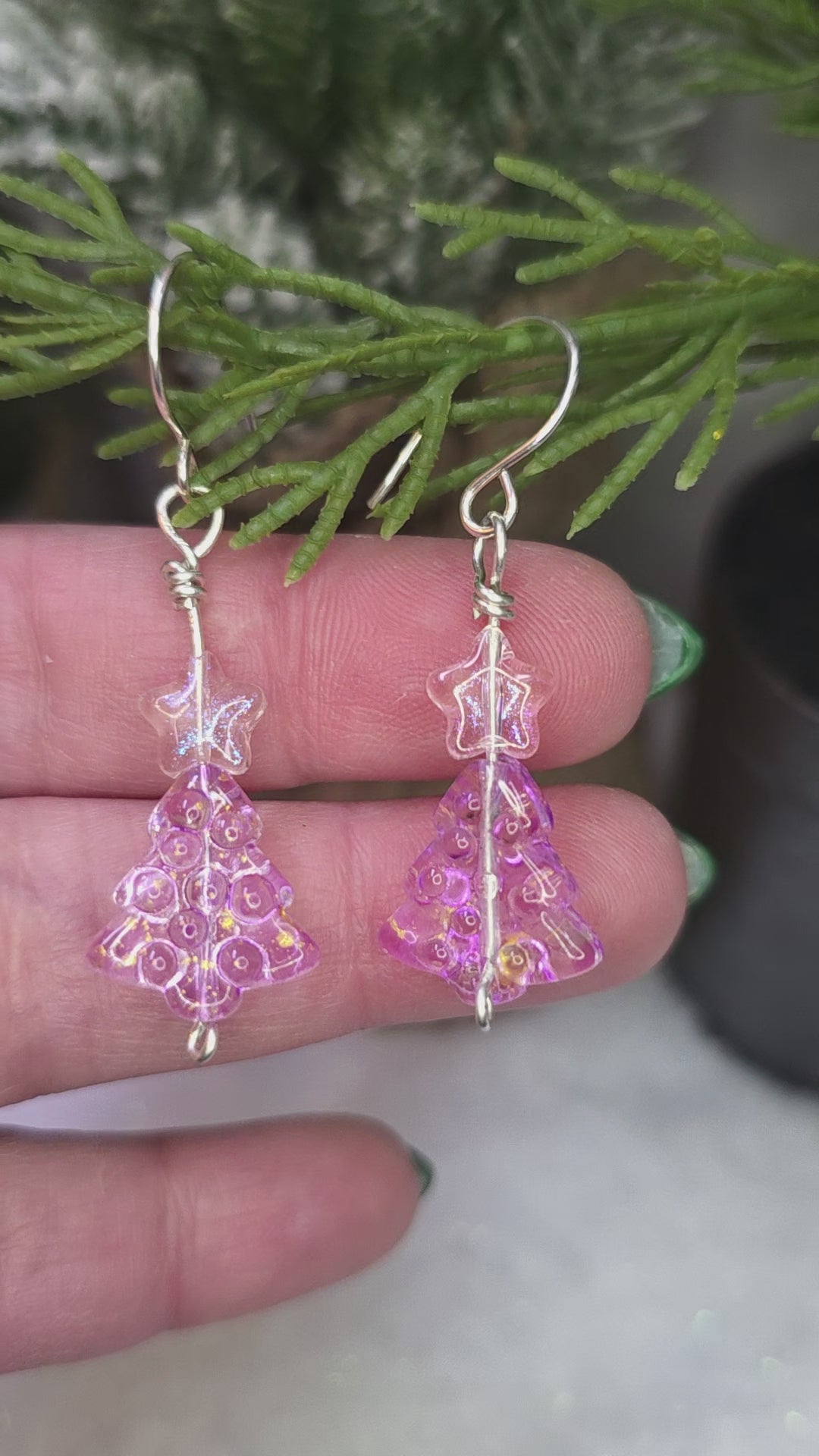Pink Purple and Gold Fleck Glass Beads Sterling Silver Wire Hand Made Christmas Tree Earrings