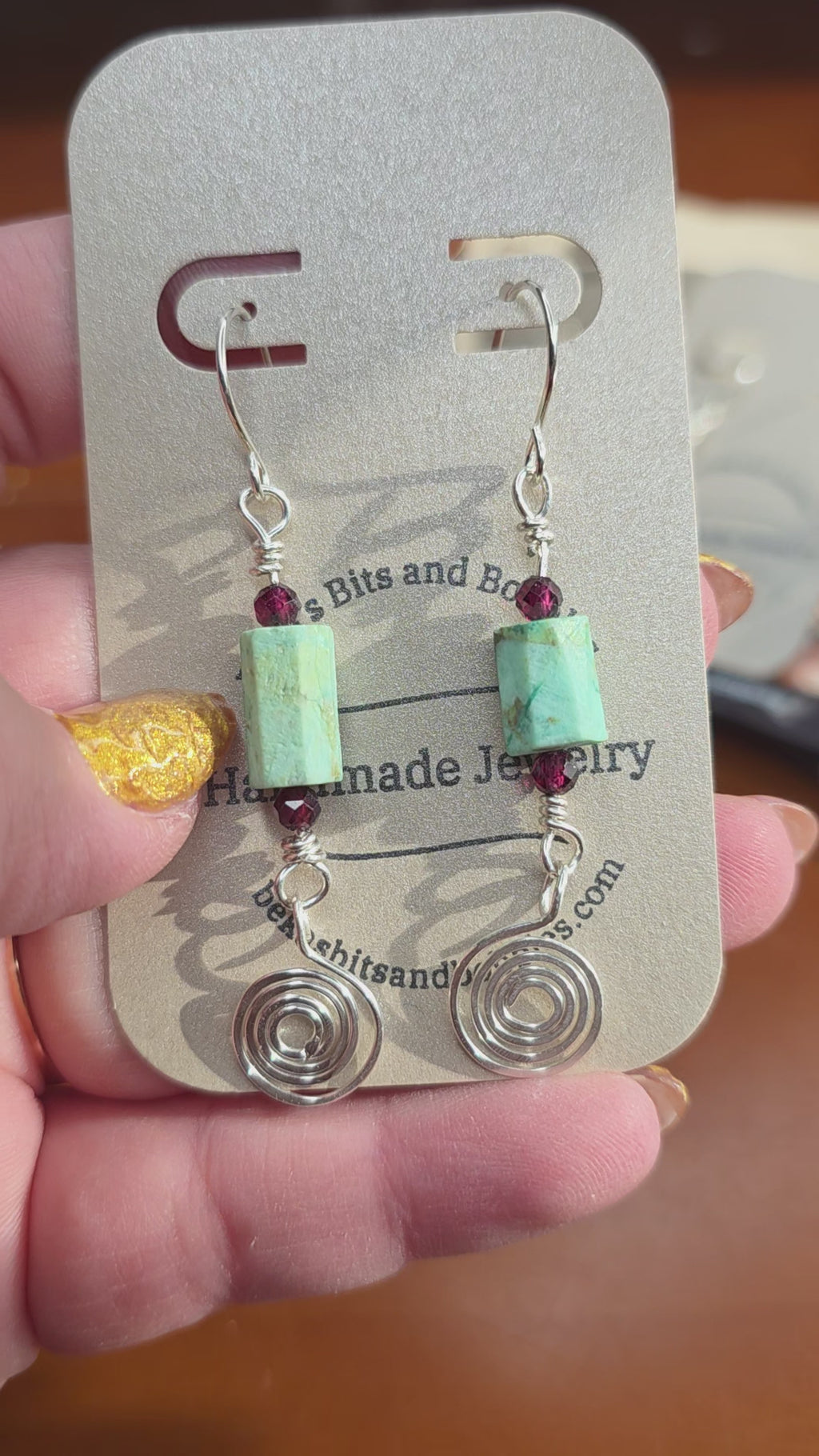 Rough Turquoise Sterling Silver Earrings with Tiny Garnet Accent Beads and Hammered Spiral