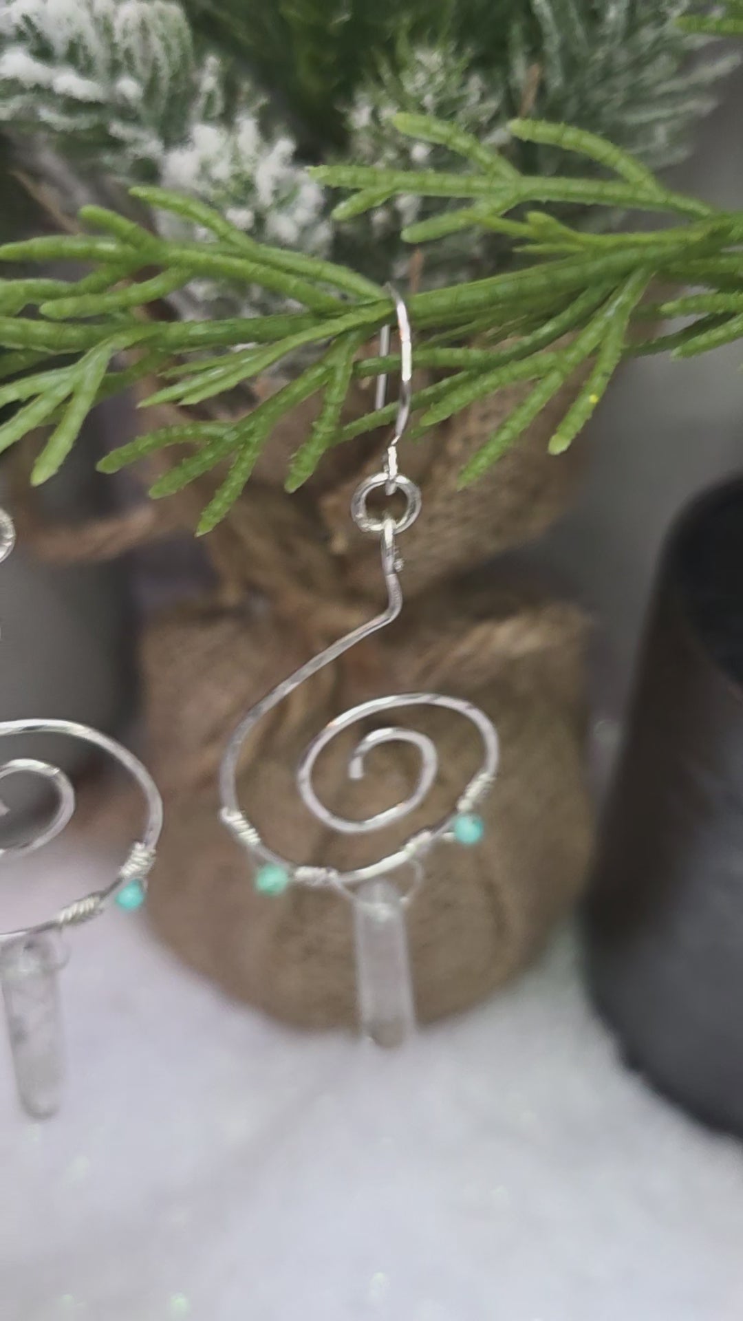Sterling Silver Turquoise Clear Crystal Quartz Double Point Spiral Drop Earrings