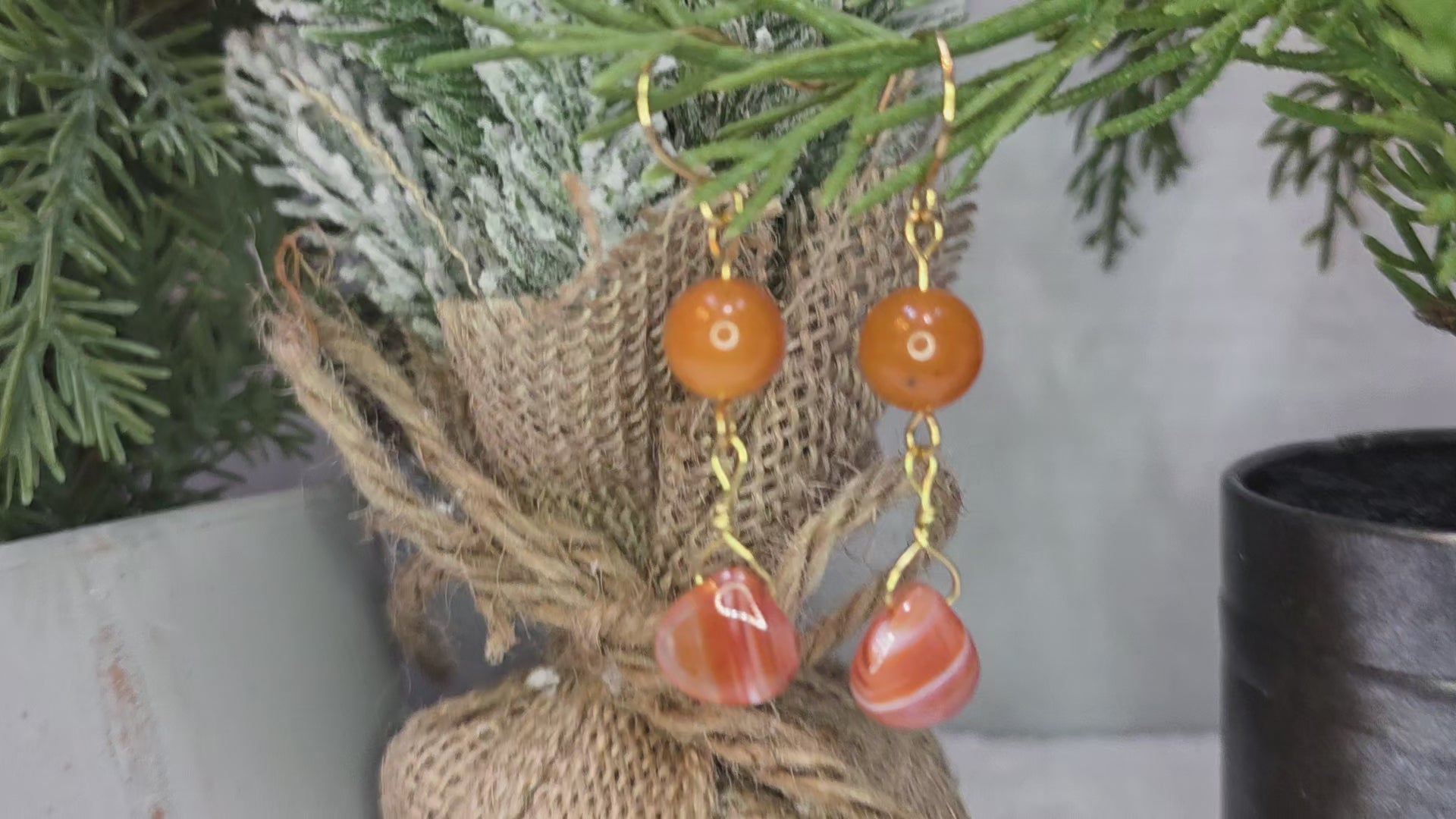 Carnelian and Agate Teardrop Dangle Orange Earrings on Brass Hooks