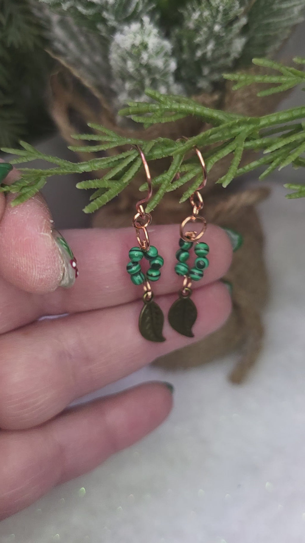 Mixed Metal Malachite Beads and Leaf Charm Brass Earrings on Copper Hooks