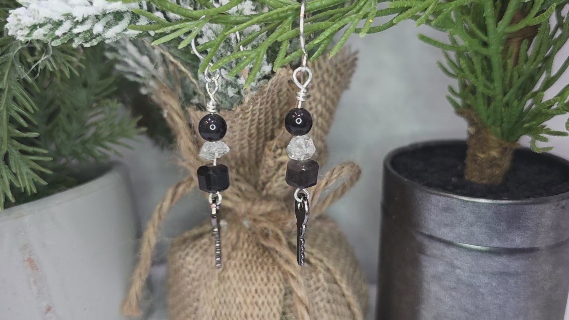 Sterling Silver Key Dangle earrings with Herkimer Diamonds and Silver Obsidian