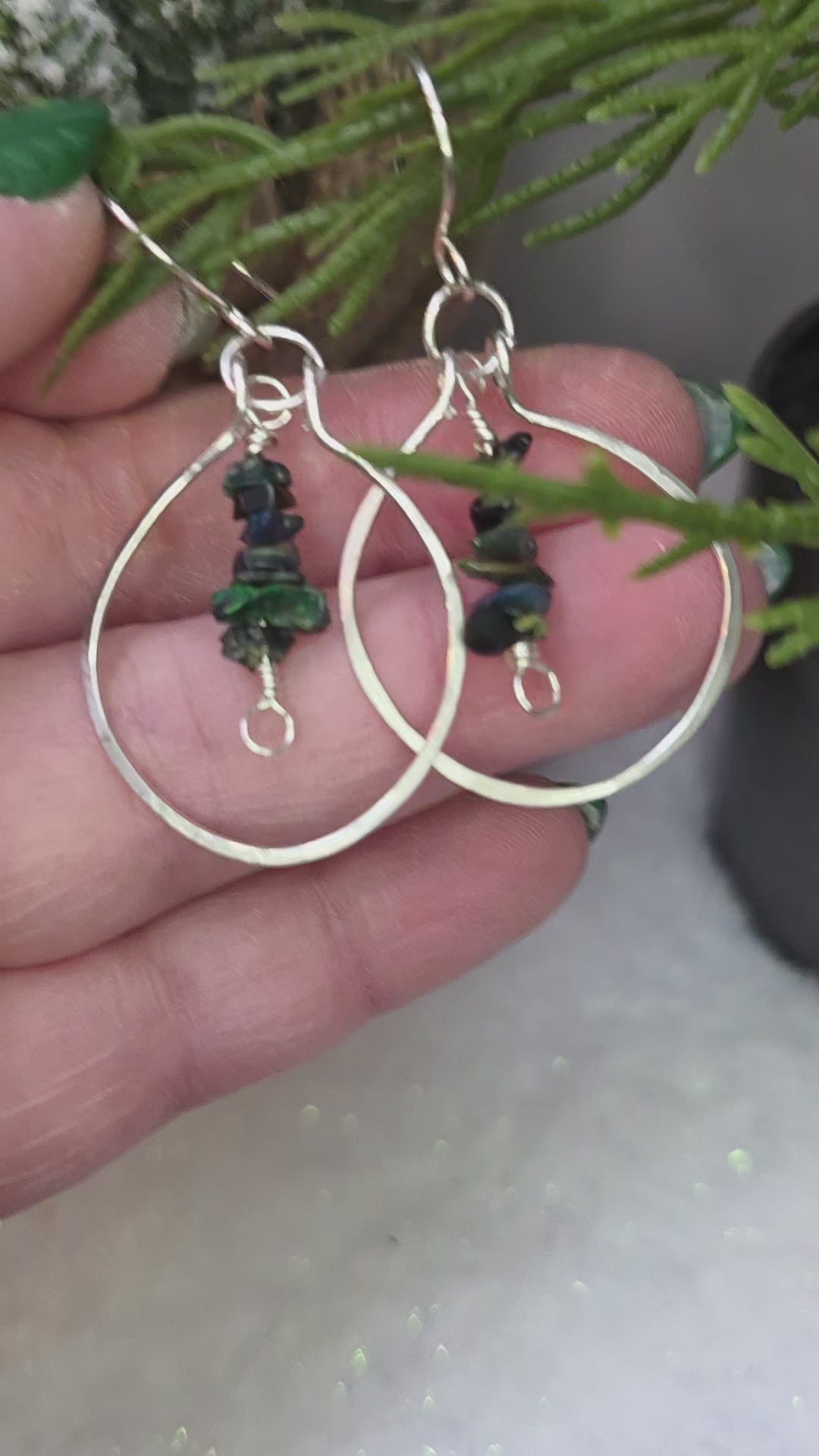 Handmade Sterling Silver Black Opal Chip Drop Hammered Hoop Earrings