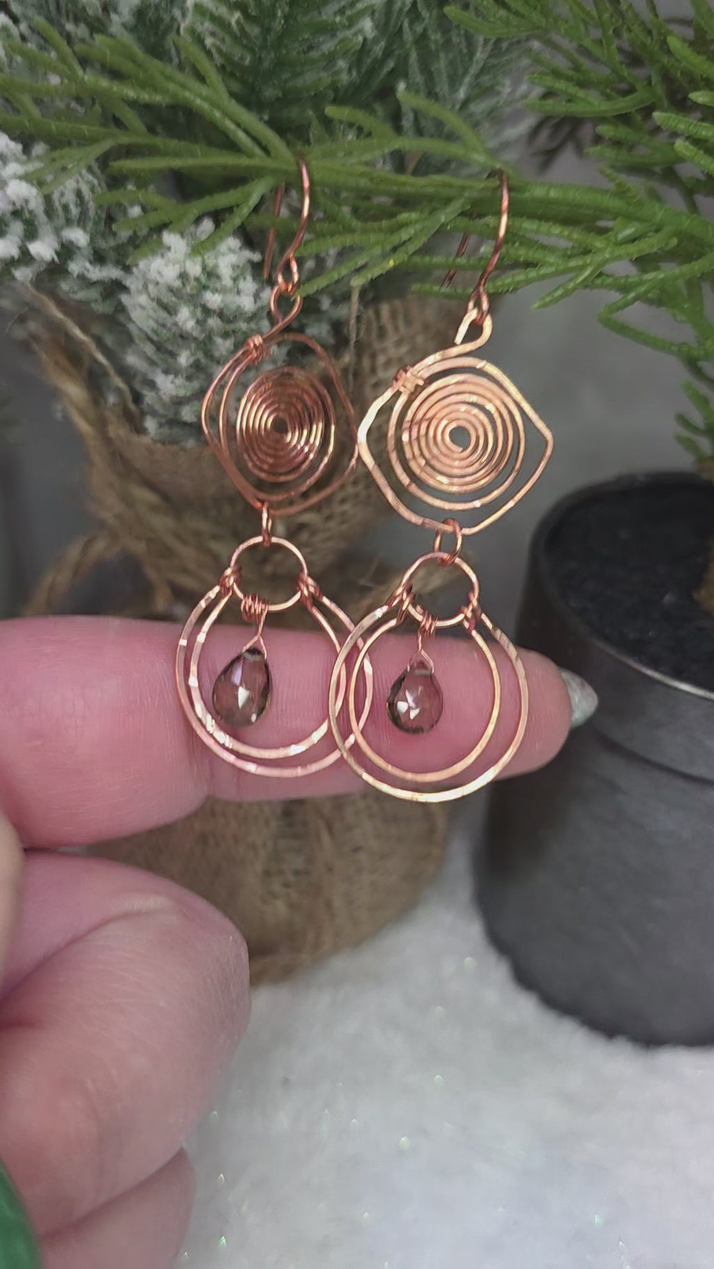 Handmade Wire Wrapped Copper Maze Spiral Twist Earrings with Smoky Quartz Drop