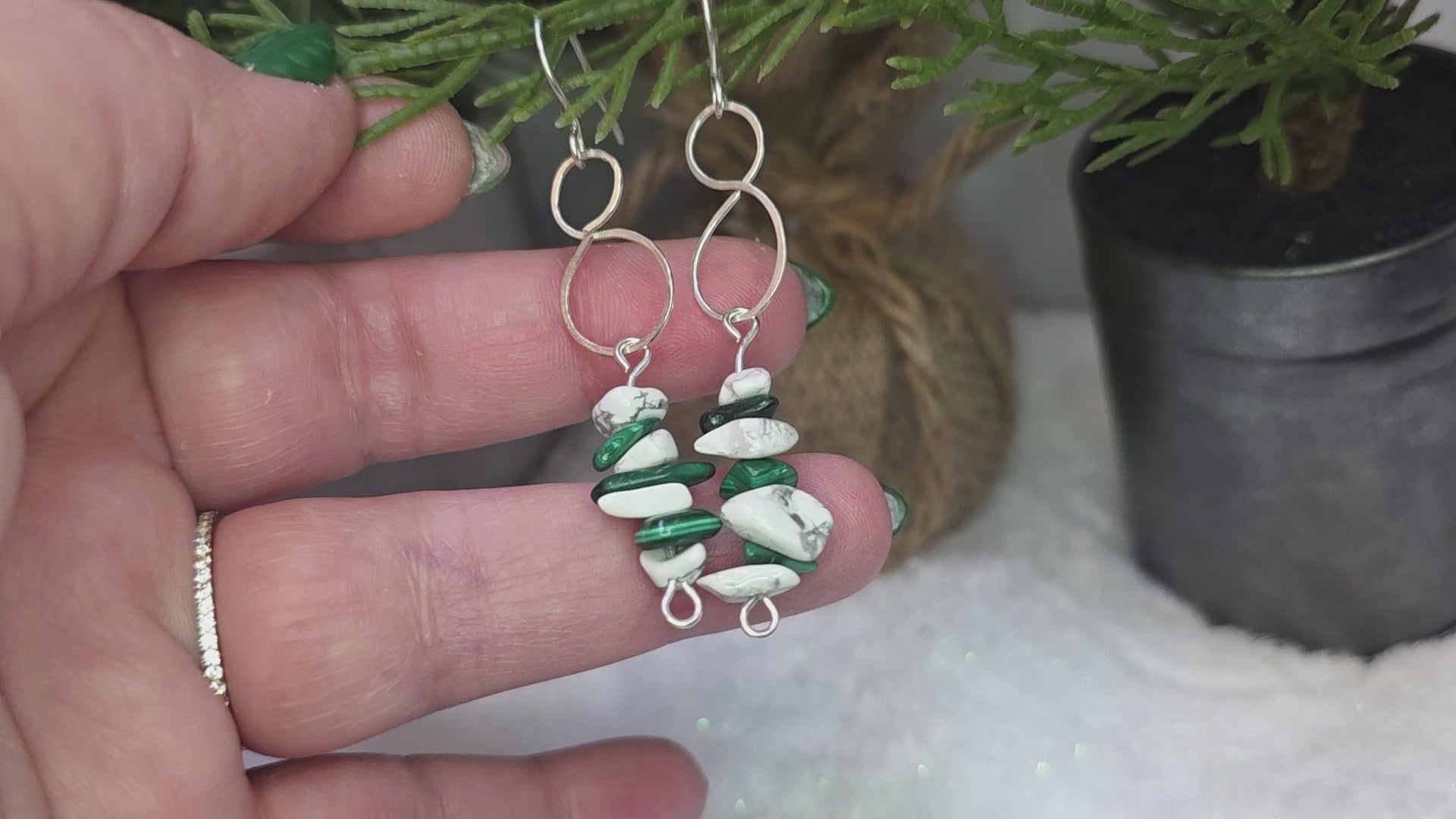 Howlite and Malachite Chip Dangle Drop Sterling Silver Wire Wrapped Earrings with Figure 8 Hammered Accessory
