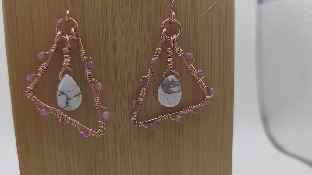 Wire Wrapped Copper Triangular Earrings with Howlite Teardrops and Pink Tourmaline