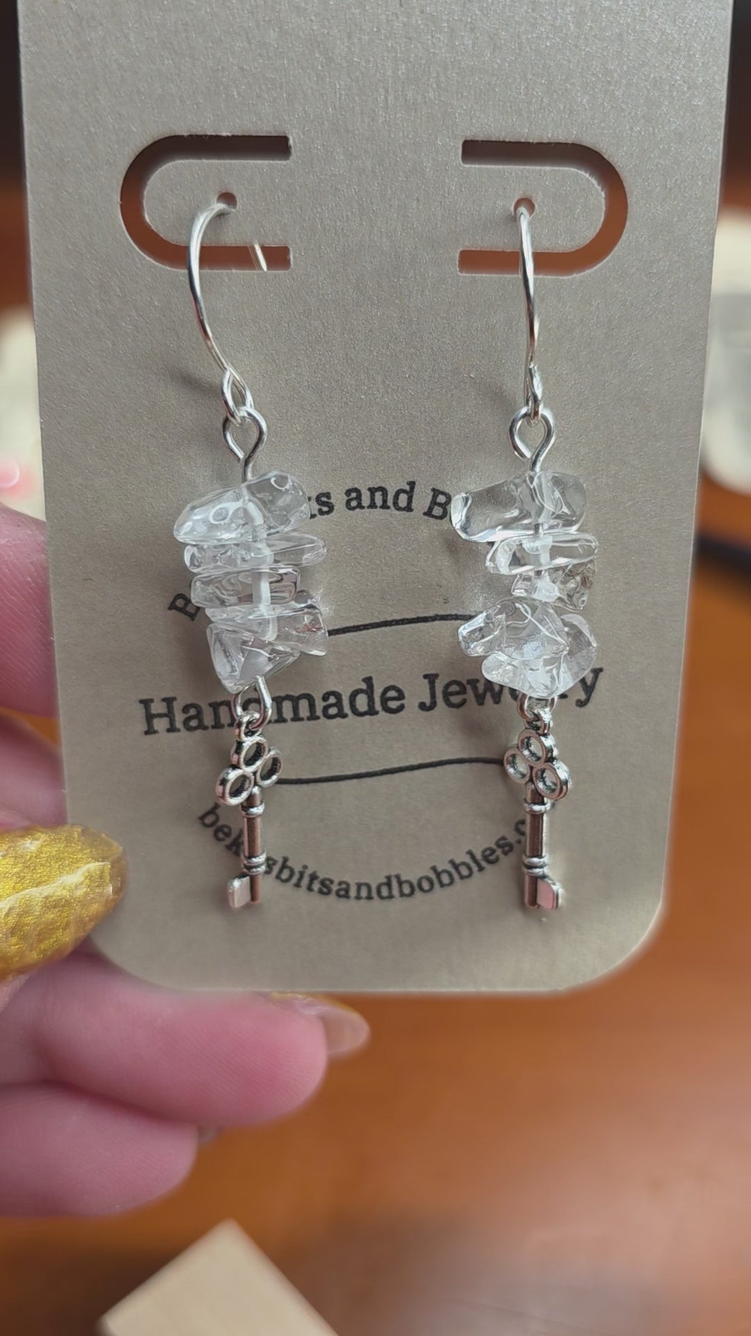 Clear Quartz Chip Earrings on Sterling Silver Wire with Key Charms