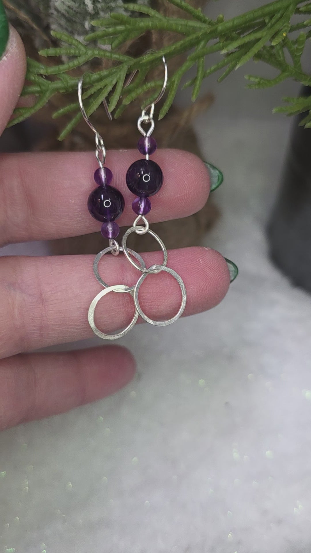 Sterling Silver Amethyst Drop Earrings with Hammered Circle Accents