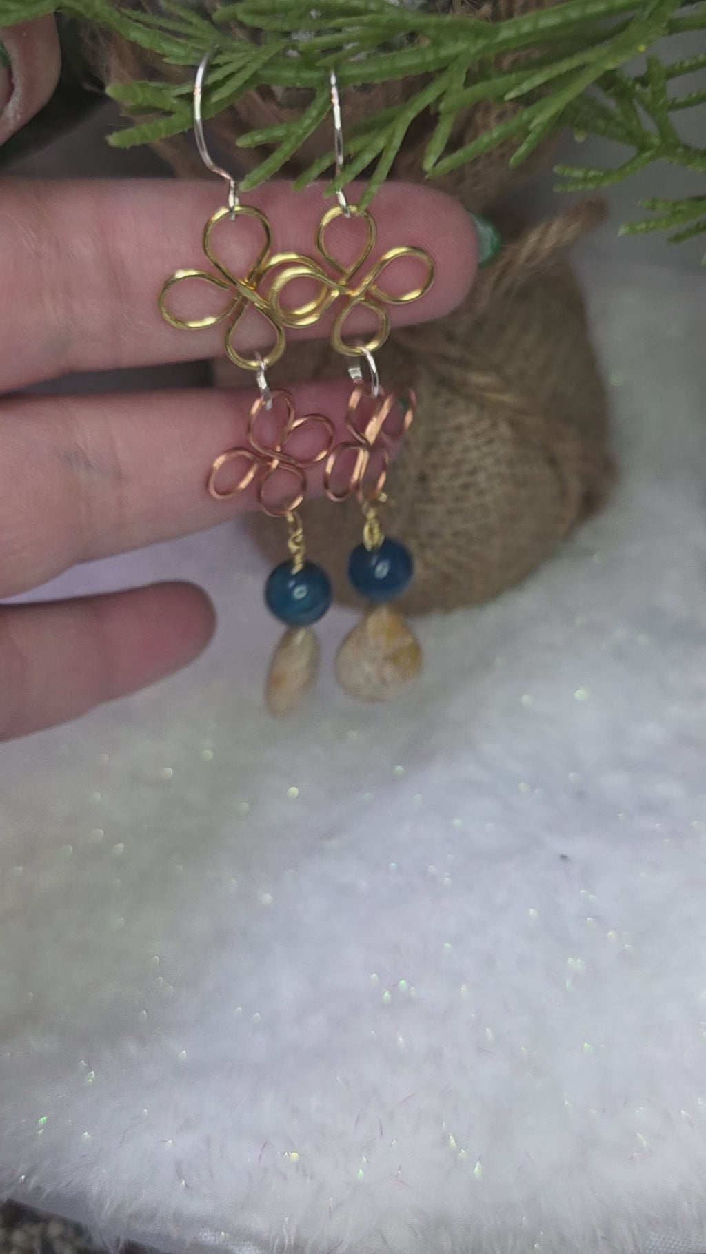Mixed Metal Coral Drop and Blue Apatite Earrings