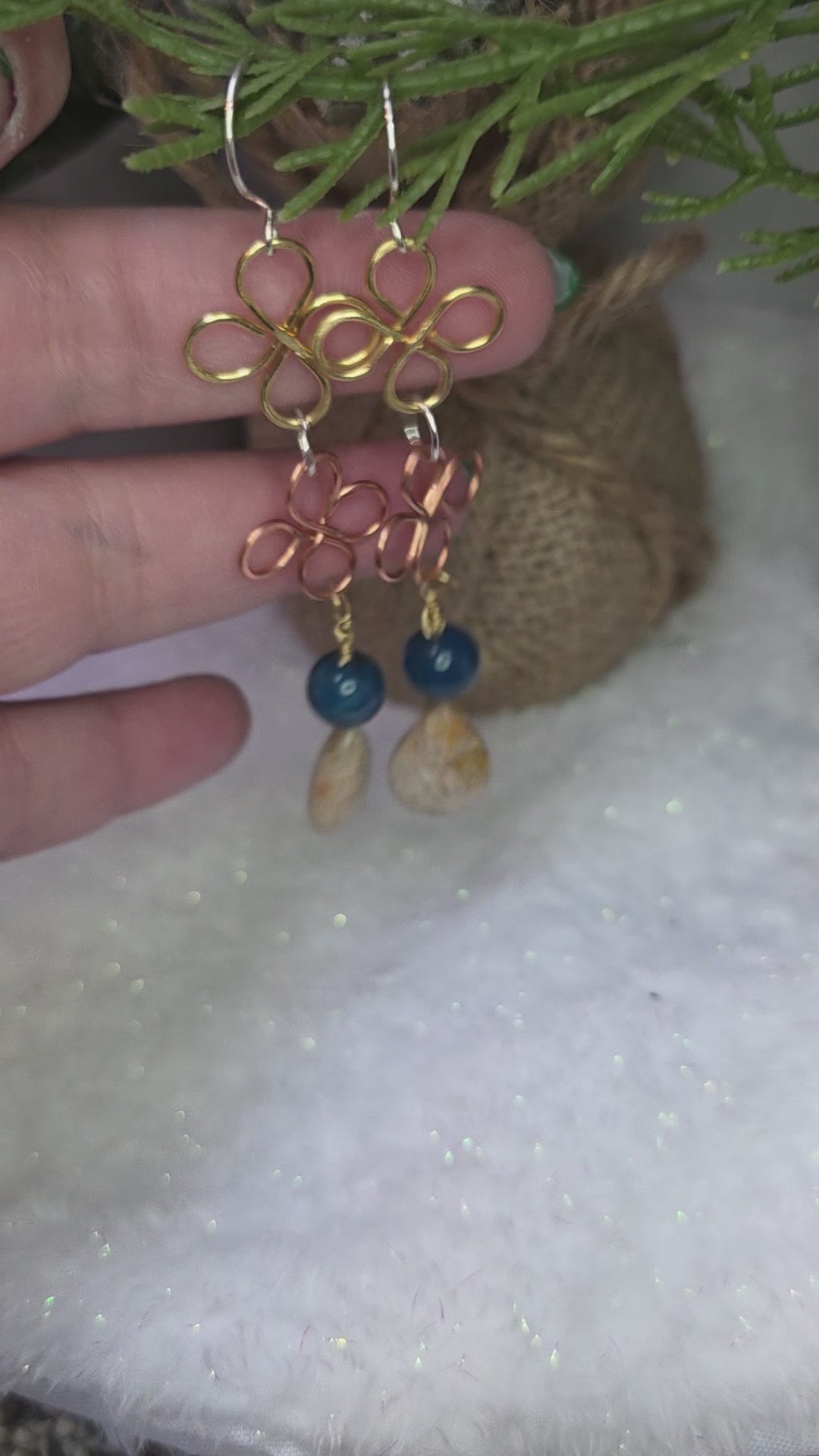Mixed Metal Coral Drop and Blue Apatite Earrings