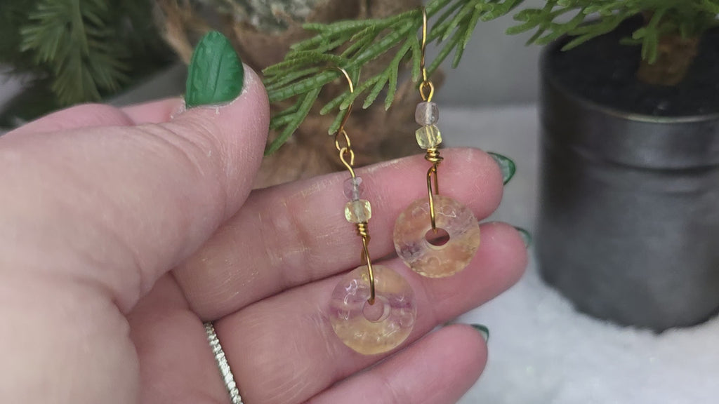 Yellow and Purple Fluorite Donut Earrings on Brass Hooks