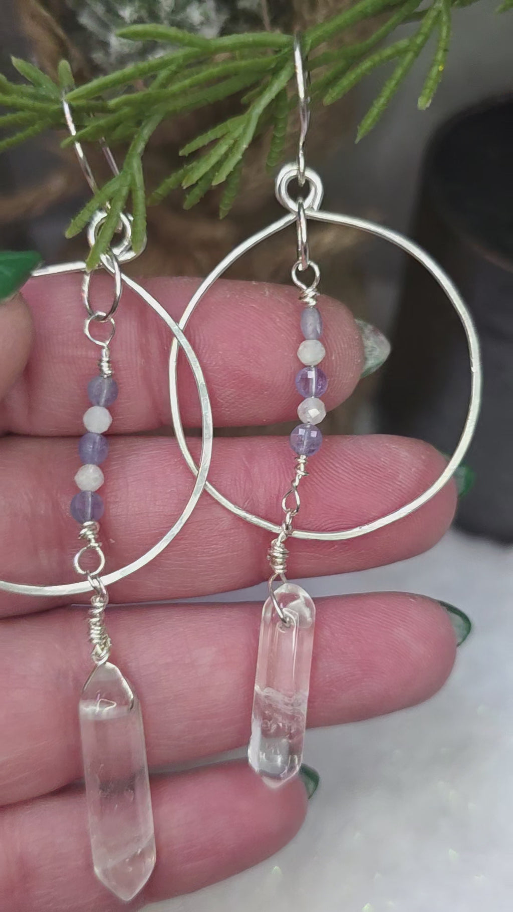 Tanzanite and Quartz Dangle Drop Earrings with Clear Quartz Double Point Drops