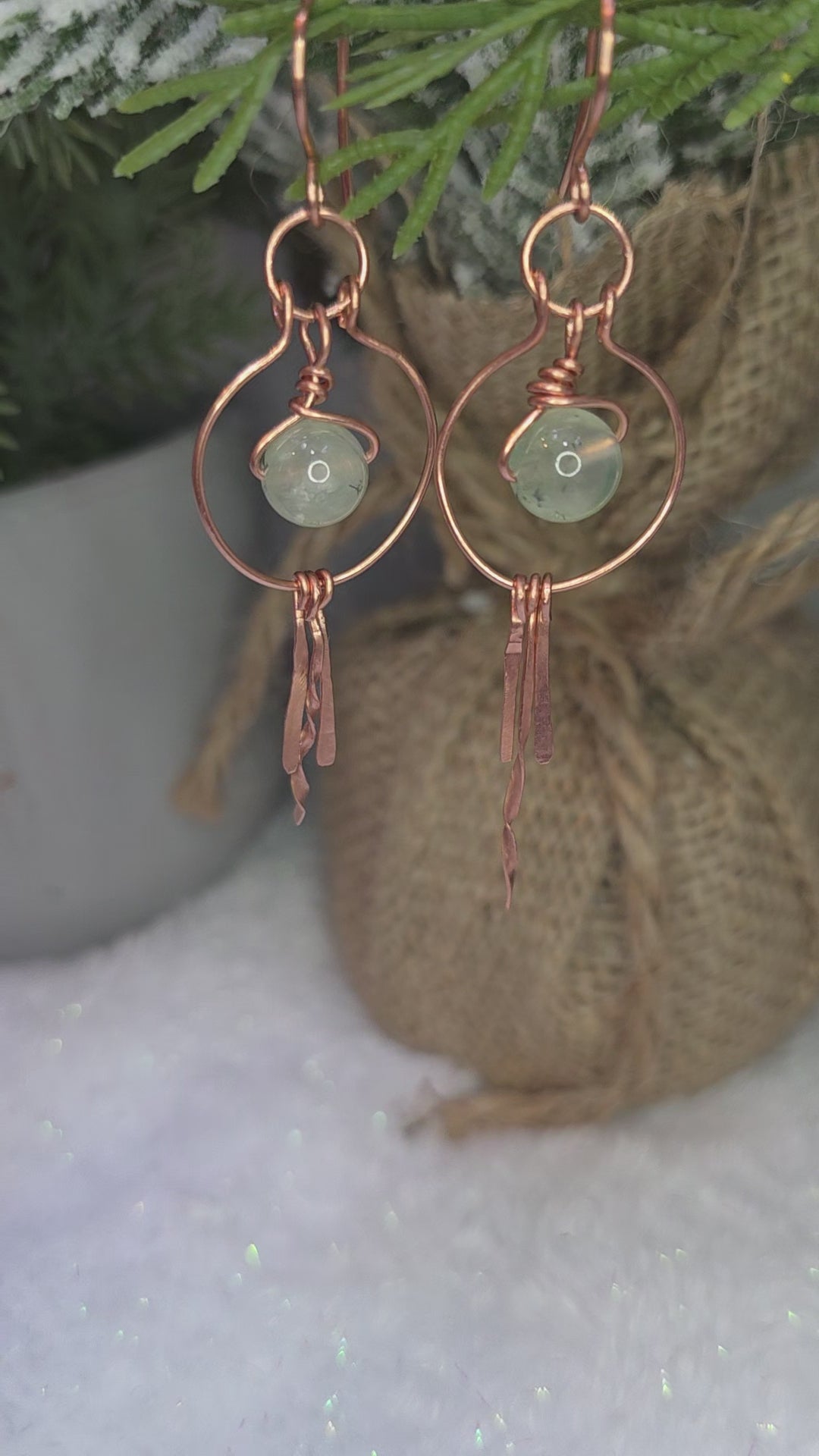 Prehnite and Copper Hoops with Hammered Dangles