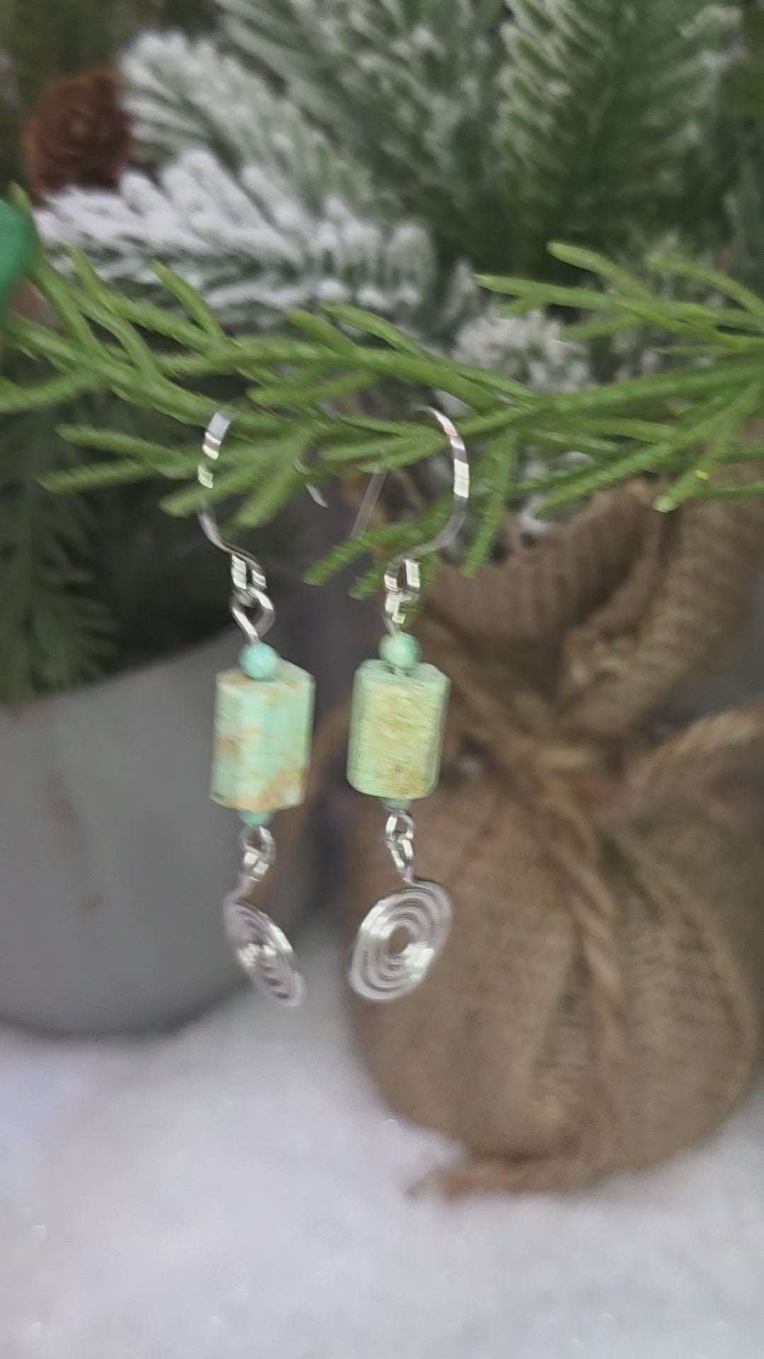 Handmade Hammered Spiral Sterling Silver Rough Turquoise Dangle Earrings - December Birthstone