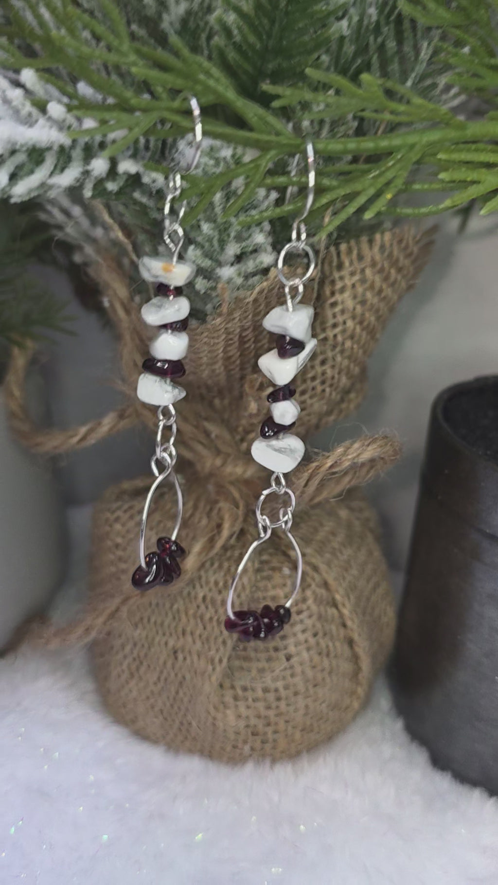 Sterling Silver Howlite and Garnet Chip Wire Wrapped Earrings with Garnet Dangle Flare