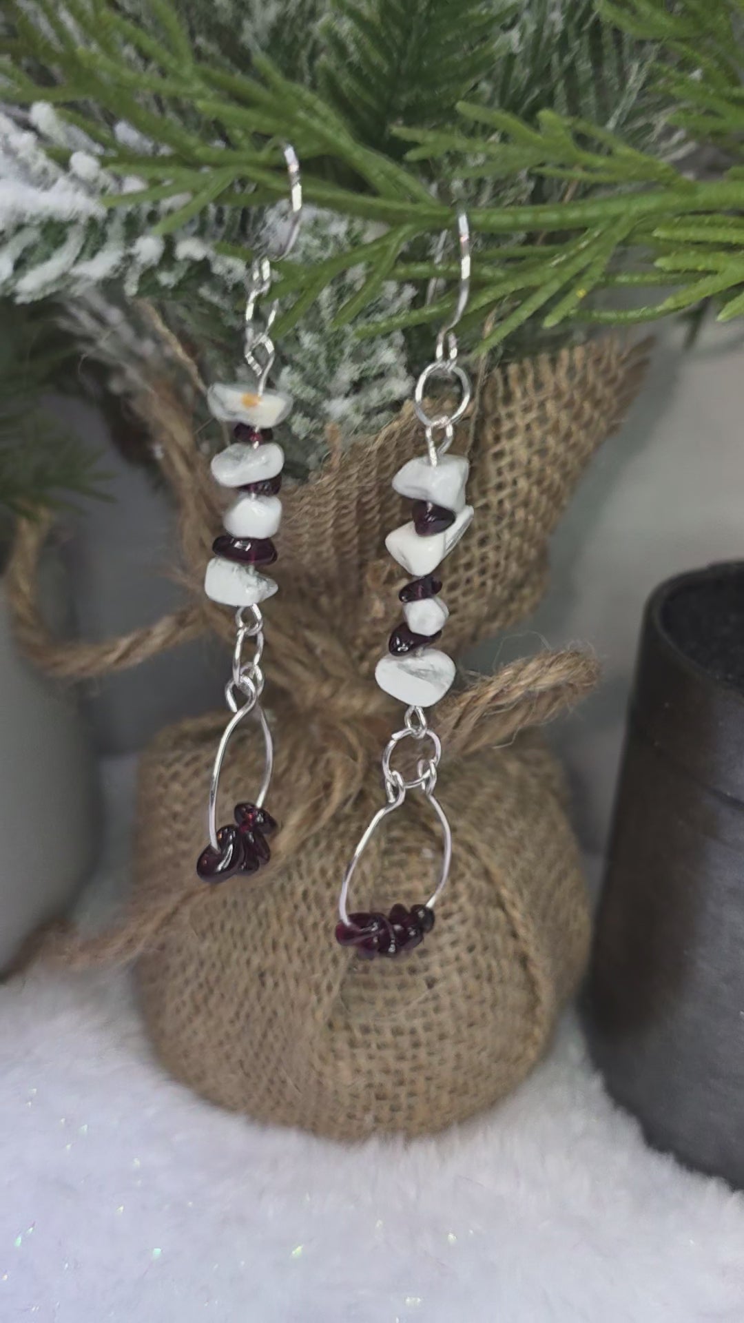 Sterling Silver Howlite and Garnet Chip Wire Wrapped Earrings with Garnet Dangle Flare
