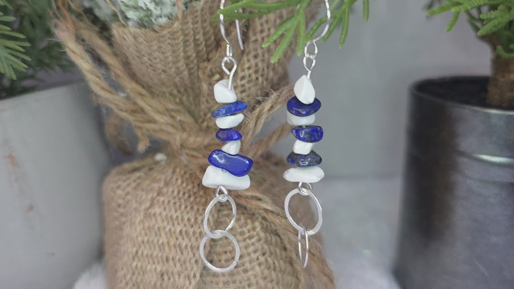 Lapis Lazuli and Howlite Chip Earrings with Sterling Silver Hooks and Connecting Circle Design