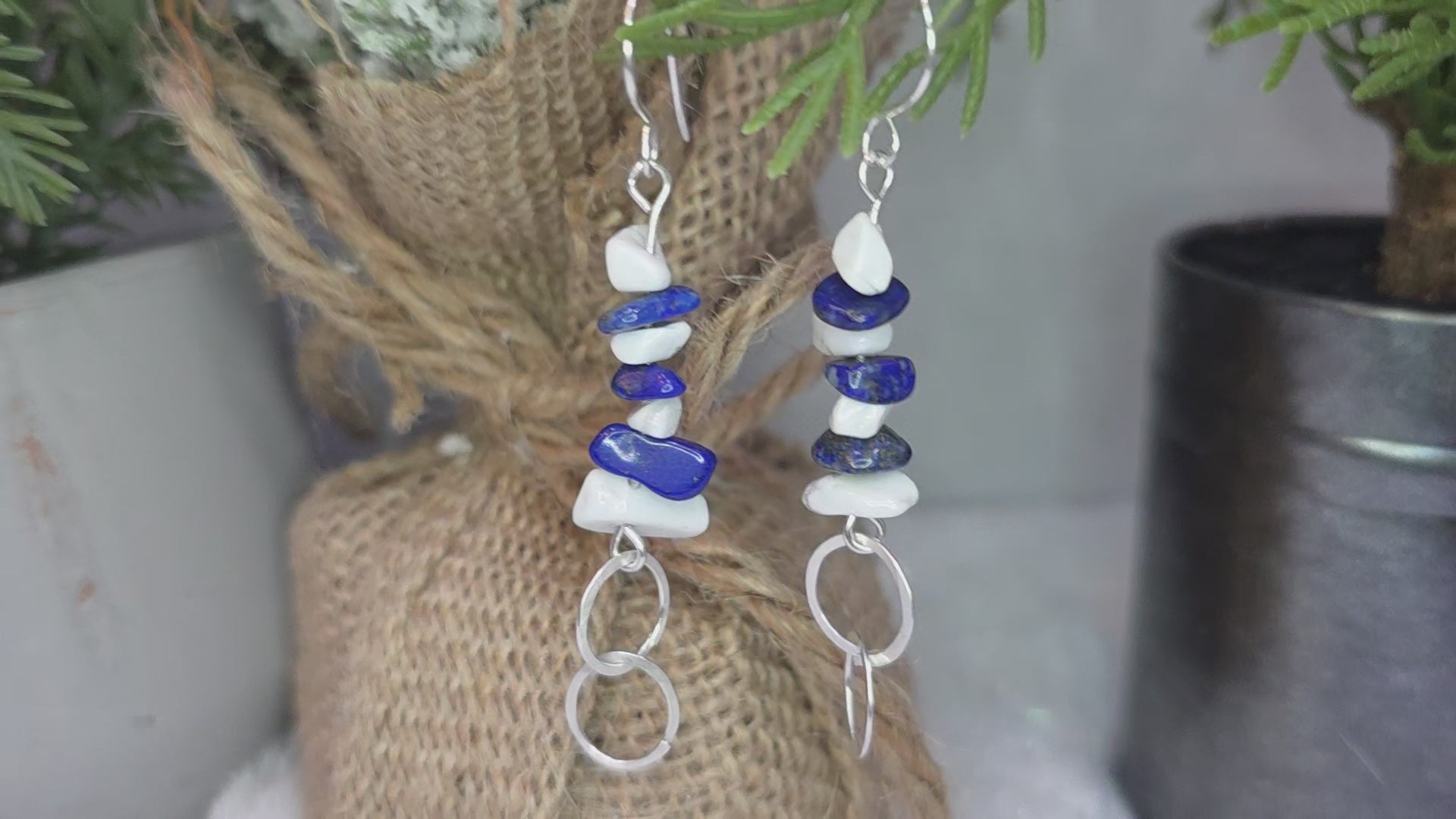 Lapis Lazuli and Howlite Chip Earrings with Sterling Silver Hooks and Connecting Circle Design