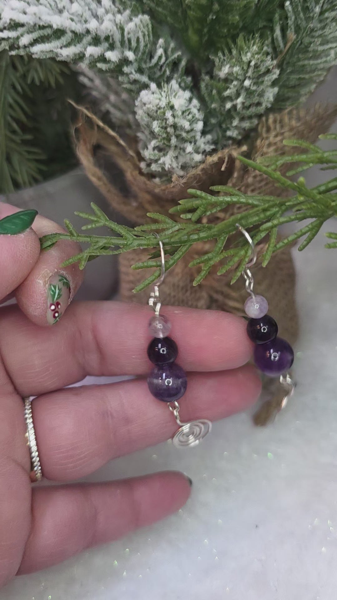 Sterling Silver Amethyst Drop Earrings with Hammered Spiral