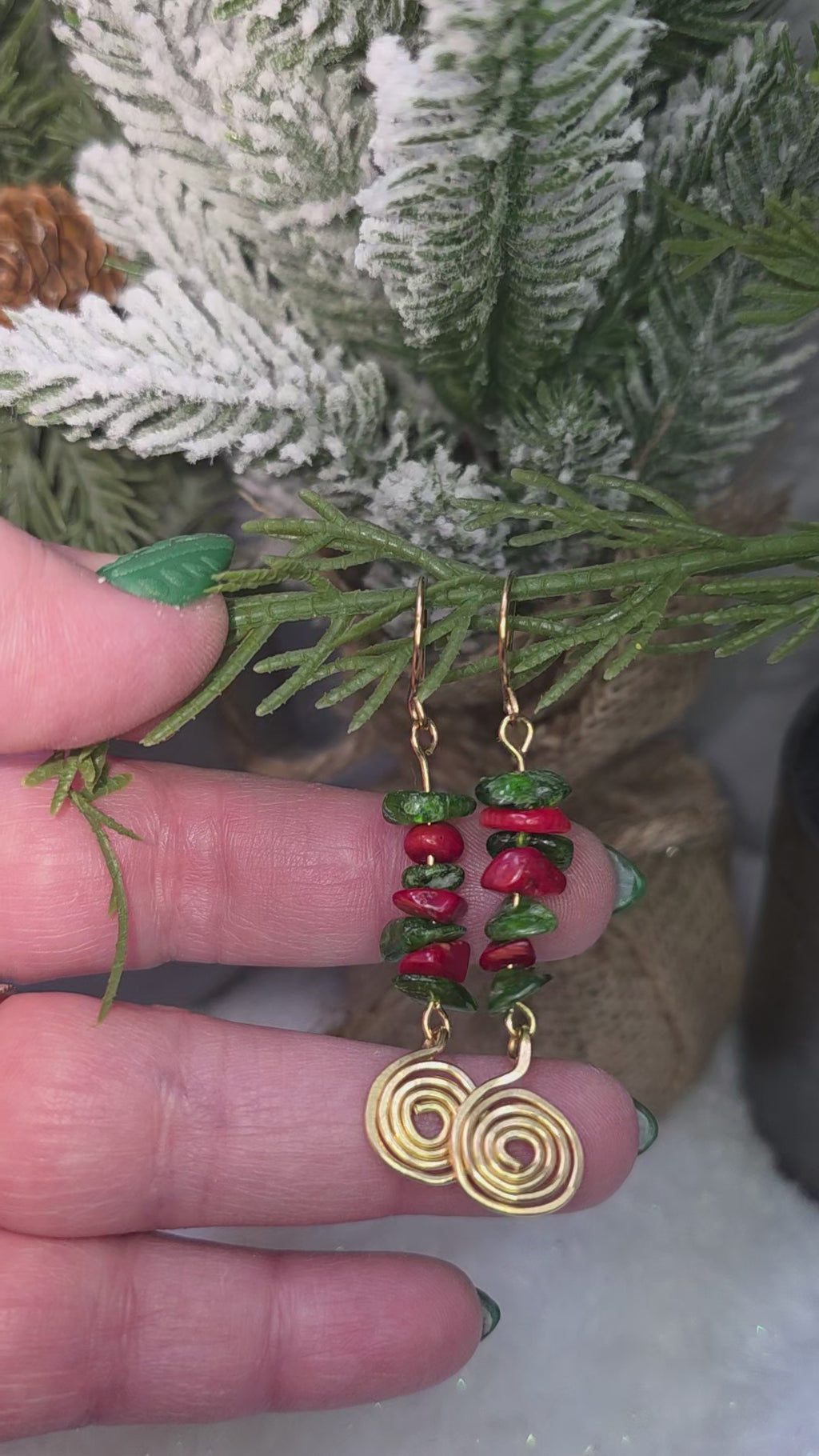 Diopside and Red Coral Brass Earrings with Hammered Spiral Detail