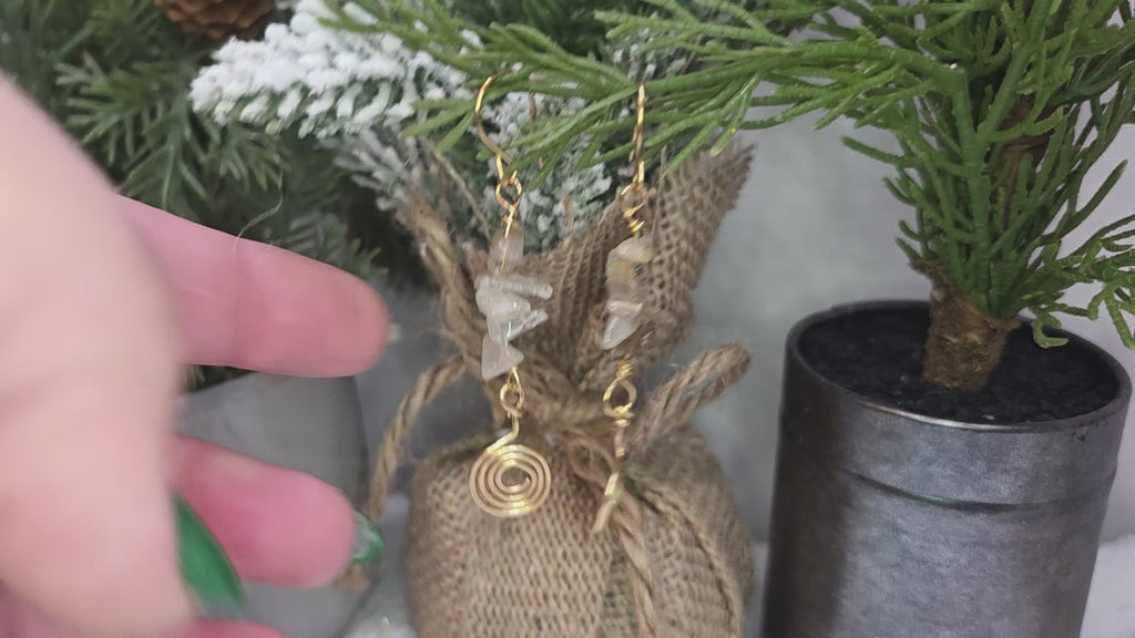 Golden Rutile Quartz With Hammered Spiral Brass Earrings