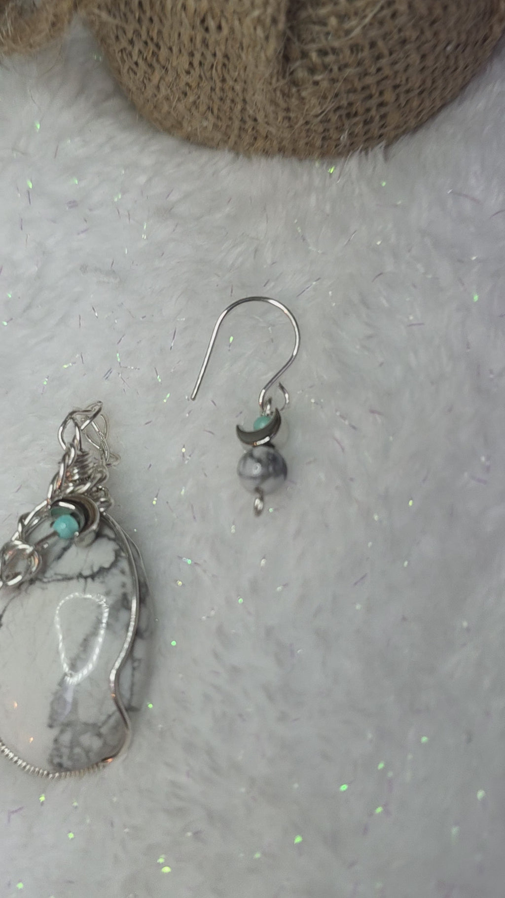 Howlite and Turquoise Sterling Silver Wire Wrapped Pendant and Earrings Set with Moons